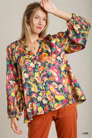 Umgee Full Size Satin Paisley Ruffle Neck Button-Up Shirt Plus Size Lime - Fashorio
