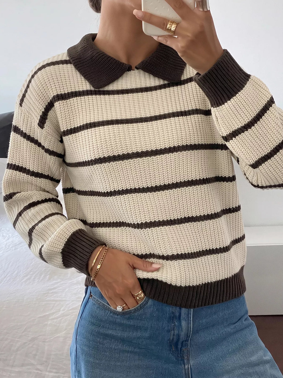 Striped Knit Polo Sweater side view