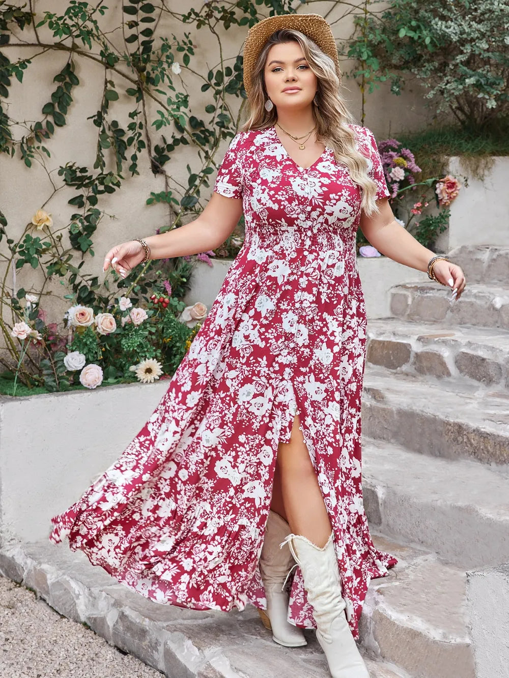 hot pink plus size slit printed v neck maxi dress back view