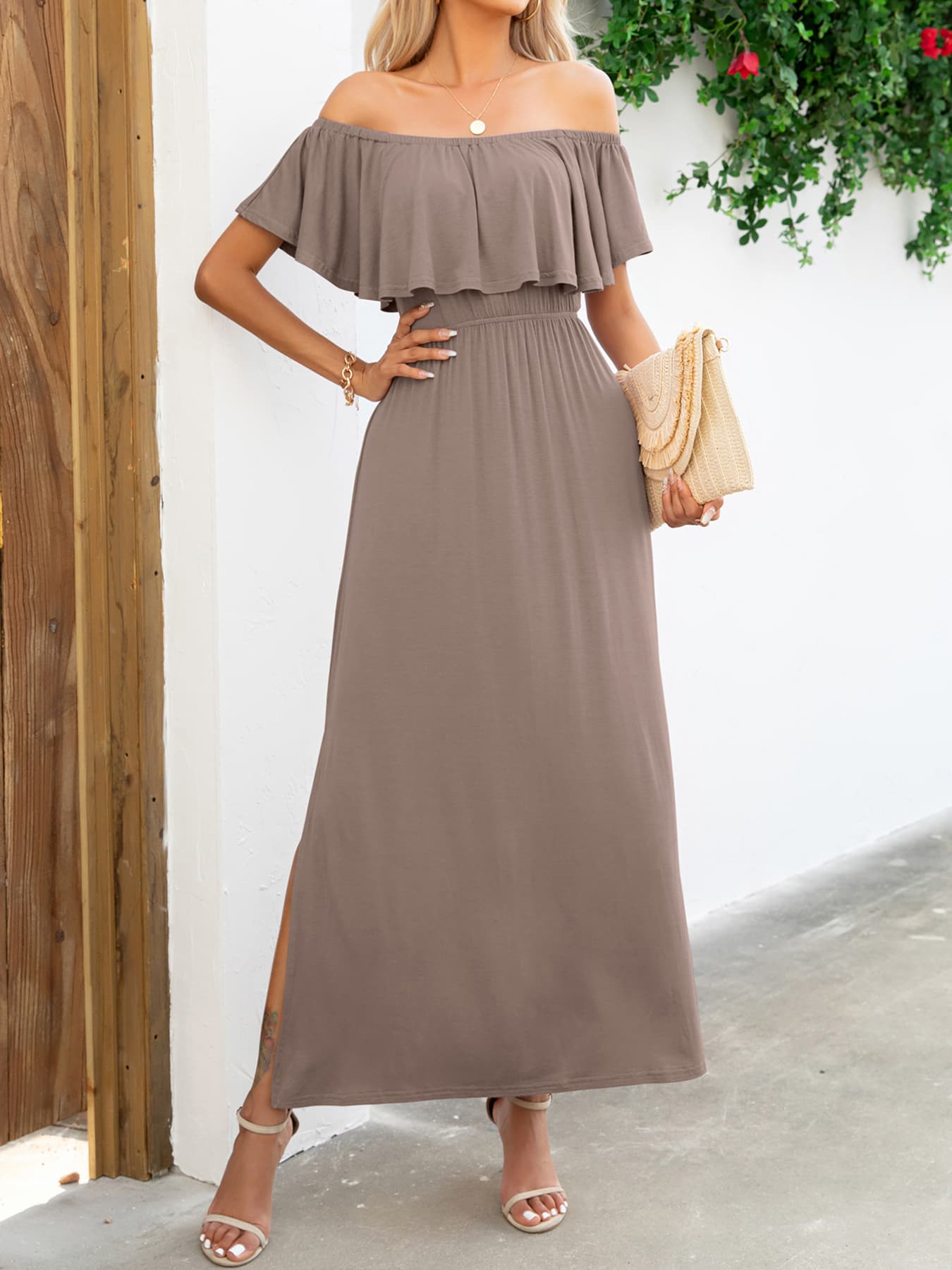 Off-Shoulder Slit Maxi Dress Camel - Fashorio