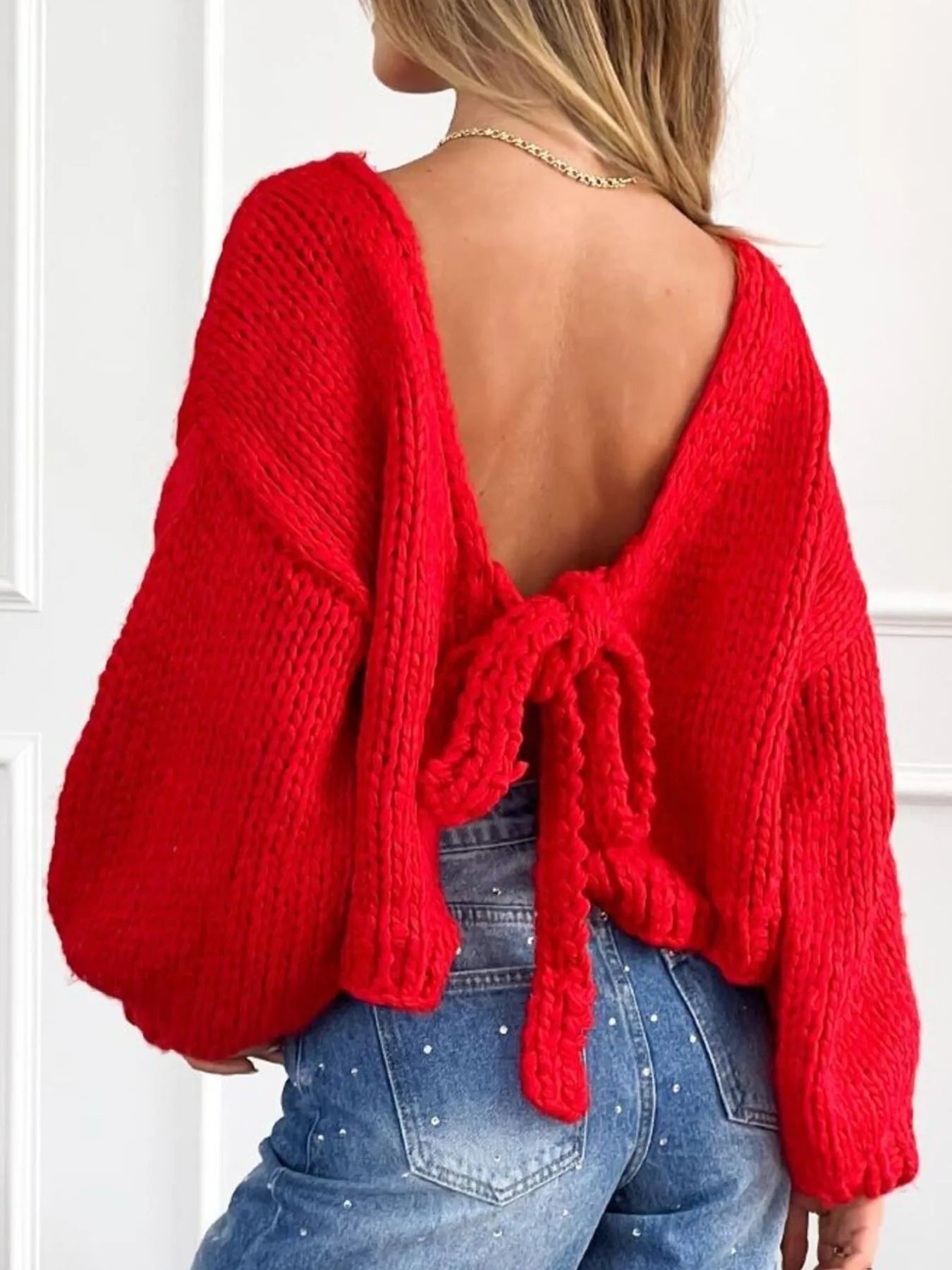 Tied Drop Shoulder Cardigan Red - Fashorio