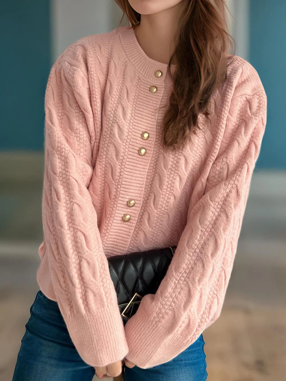 Cable-Knit Round Neck Long Sleeve Cardigan - Fashorio