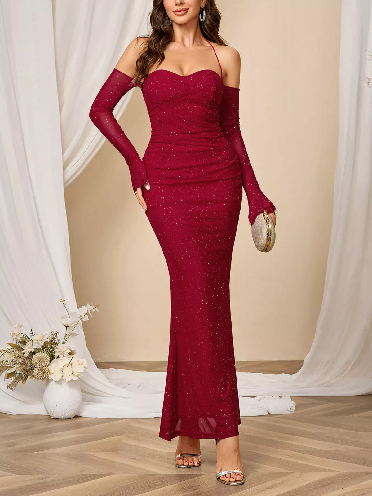 Glitter maxi dress showing sweetheart neckline