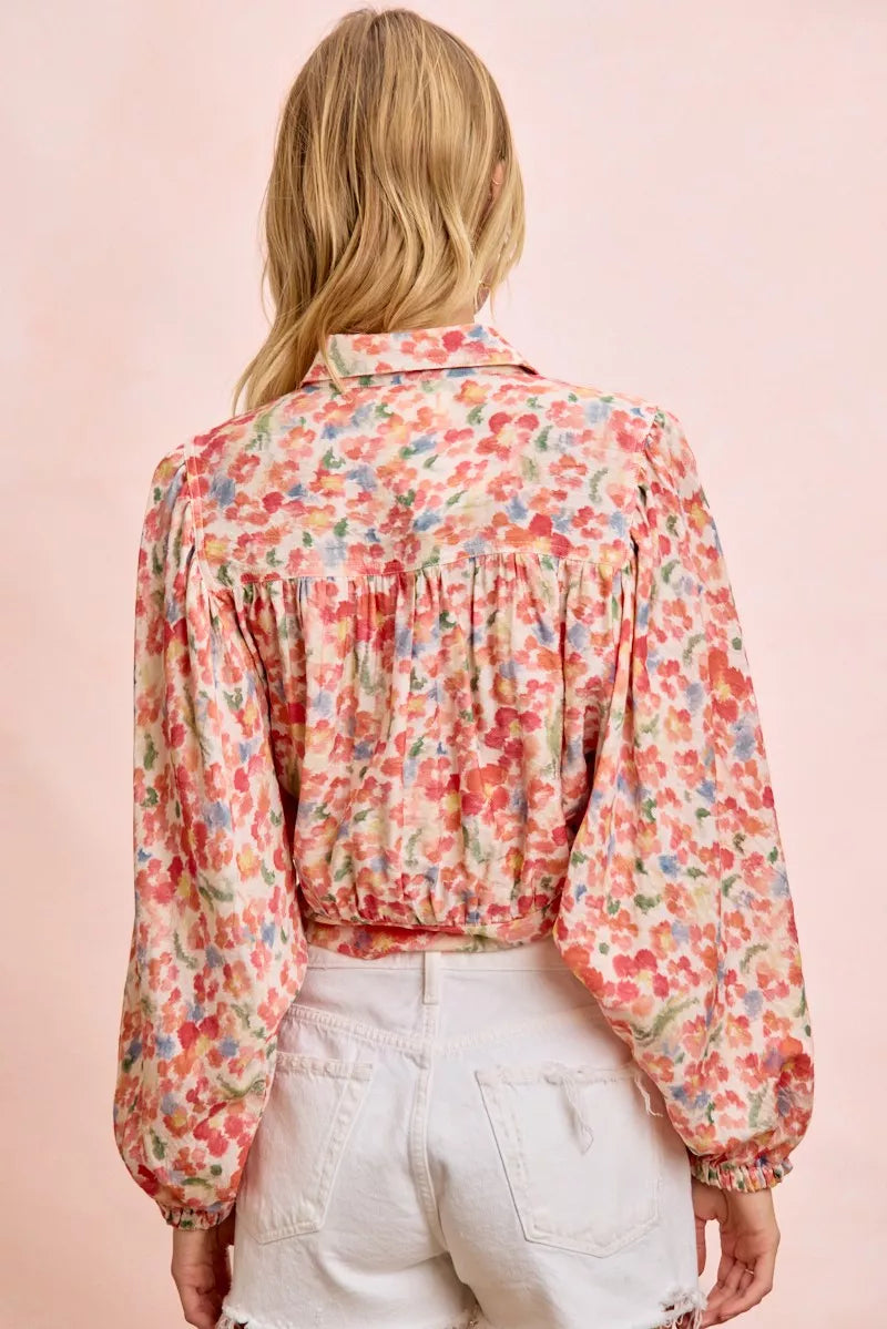 Floral print tie hem crop shirt back view