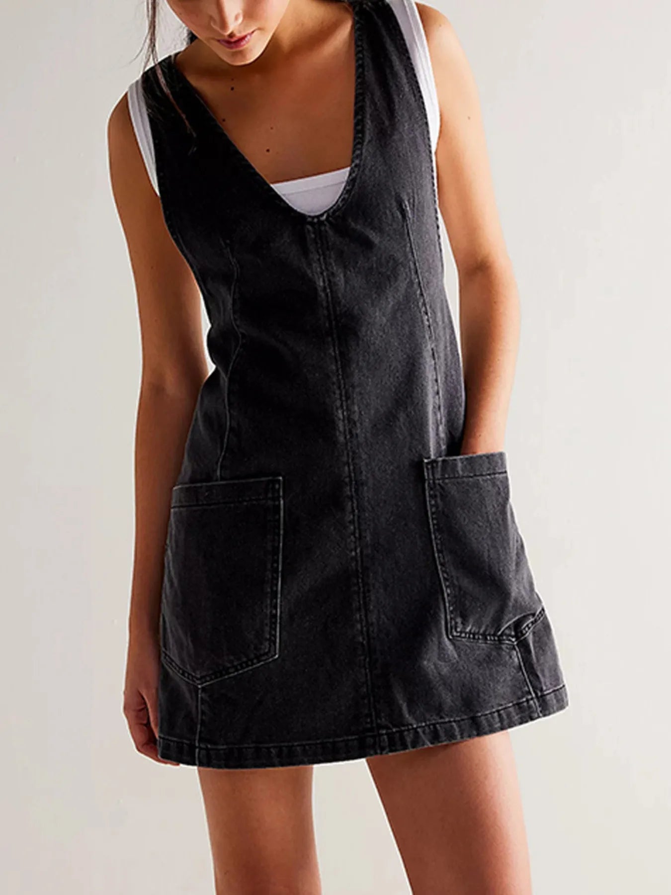 Oversized V-Neck Denim Tank Dress with Front Pockets Black - Fashorio