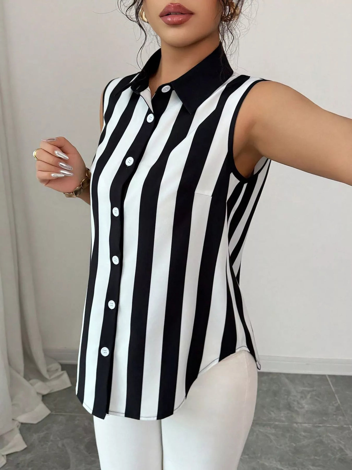 Fabric print close up on a button up sleeveless shirt
