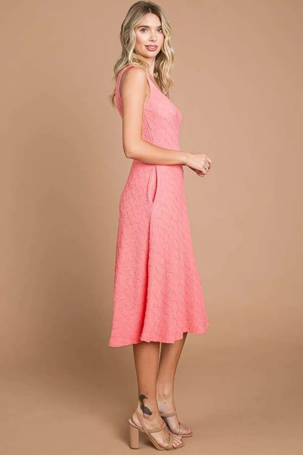 Textured Square Neck Tank Dress with Pockets in Pink back view