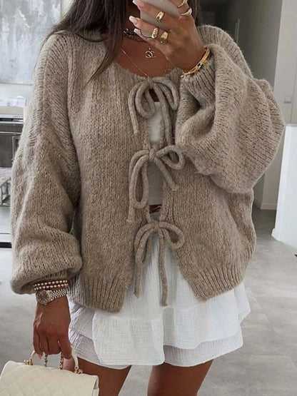 Cozy Bow-Tie Front Knit Cardigan Khaki - Fashorio