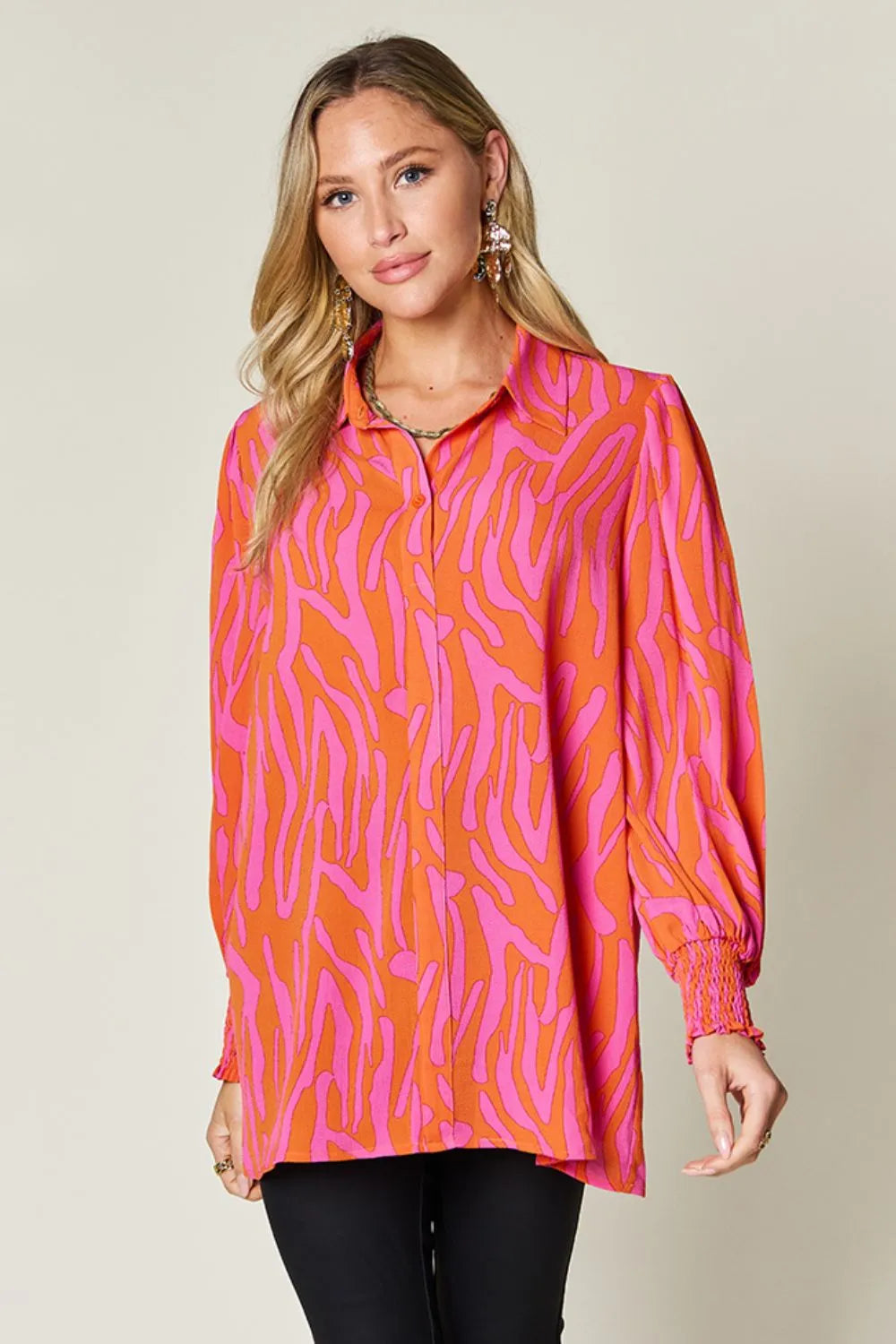 Double Take Printed Smocked Long Sleeve Blouse, view 26