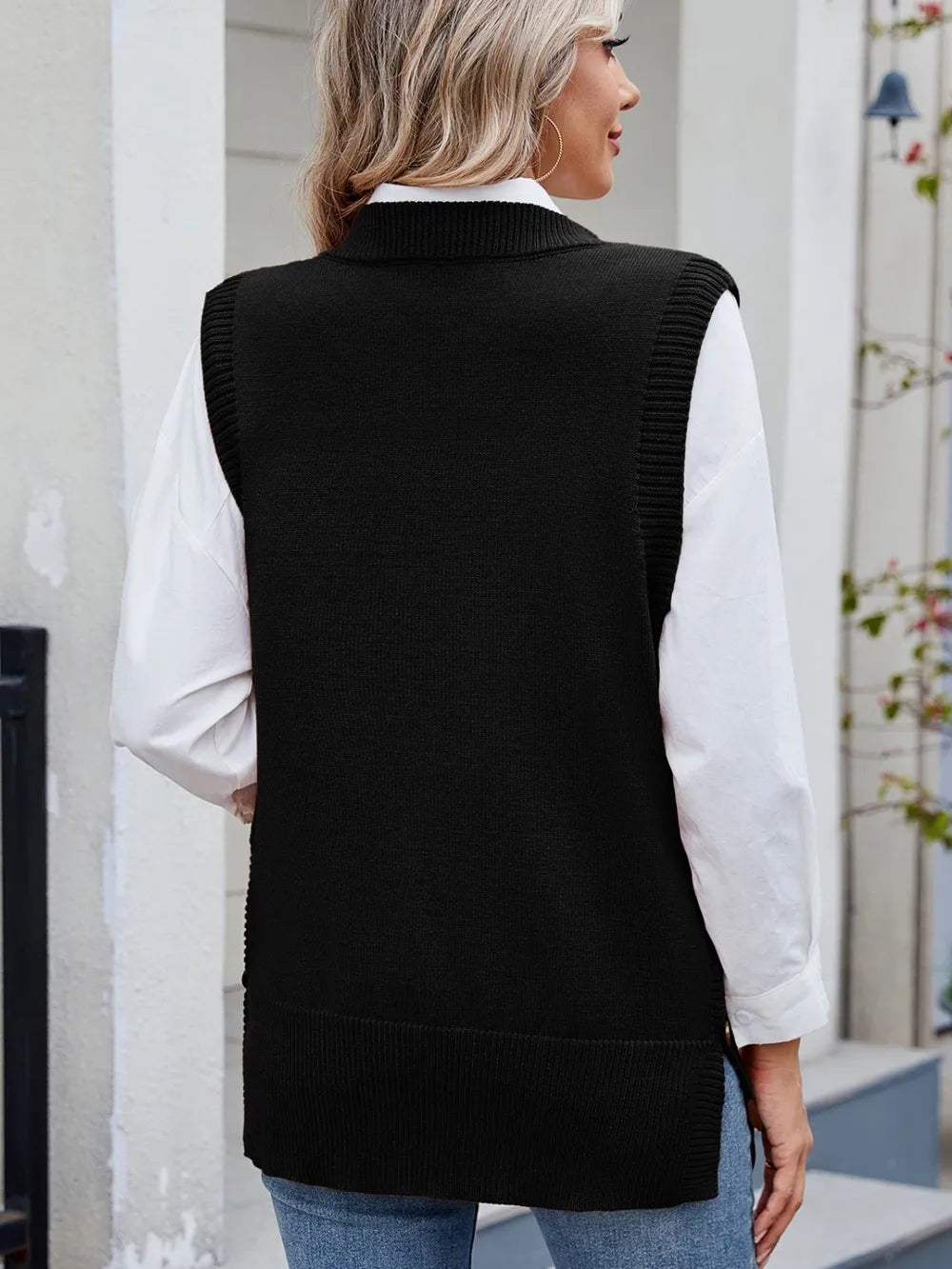 buttoned round neck sweater vest side view