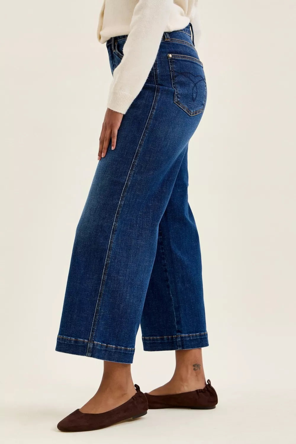 Dark wash ankle wide leg jeans side view