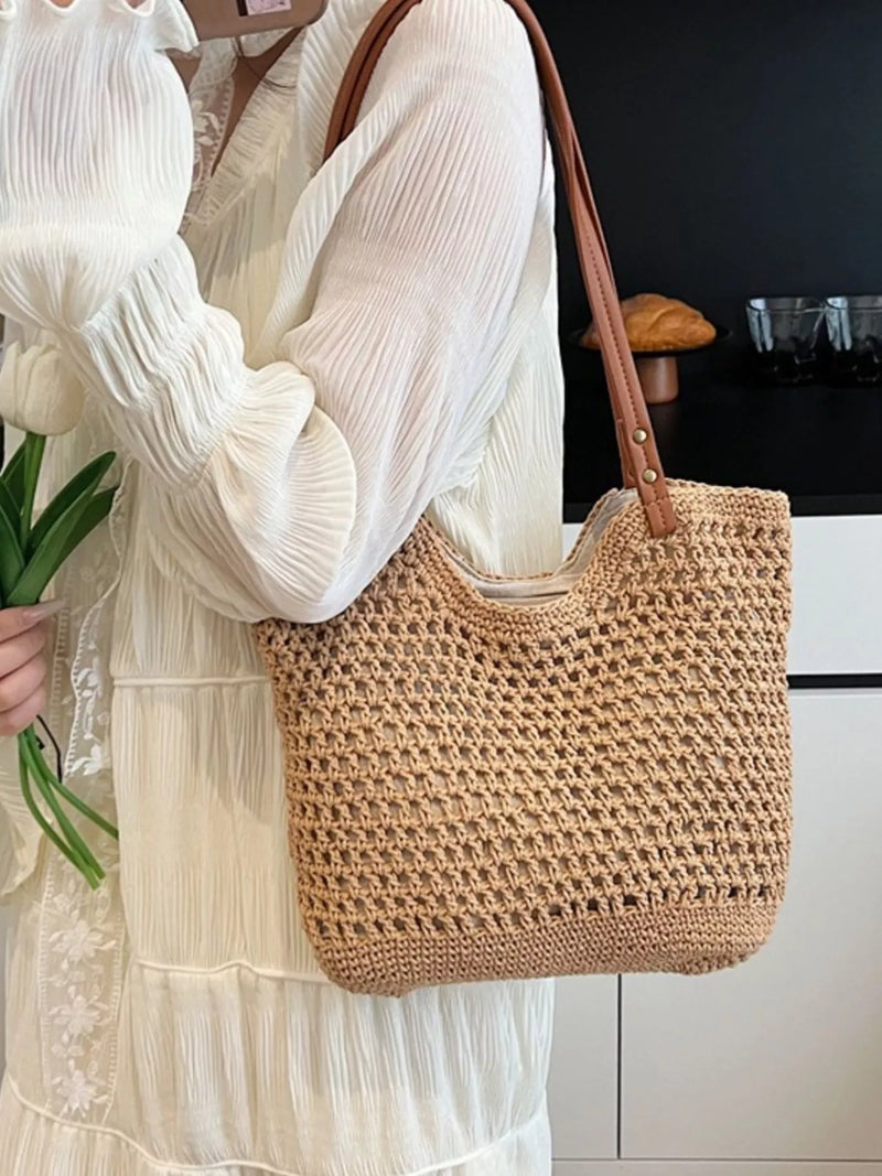 Woven straw shoulder bag in camel front view