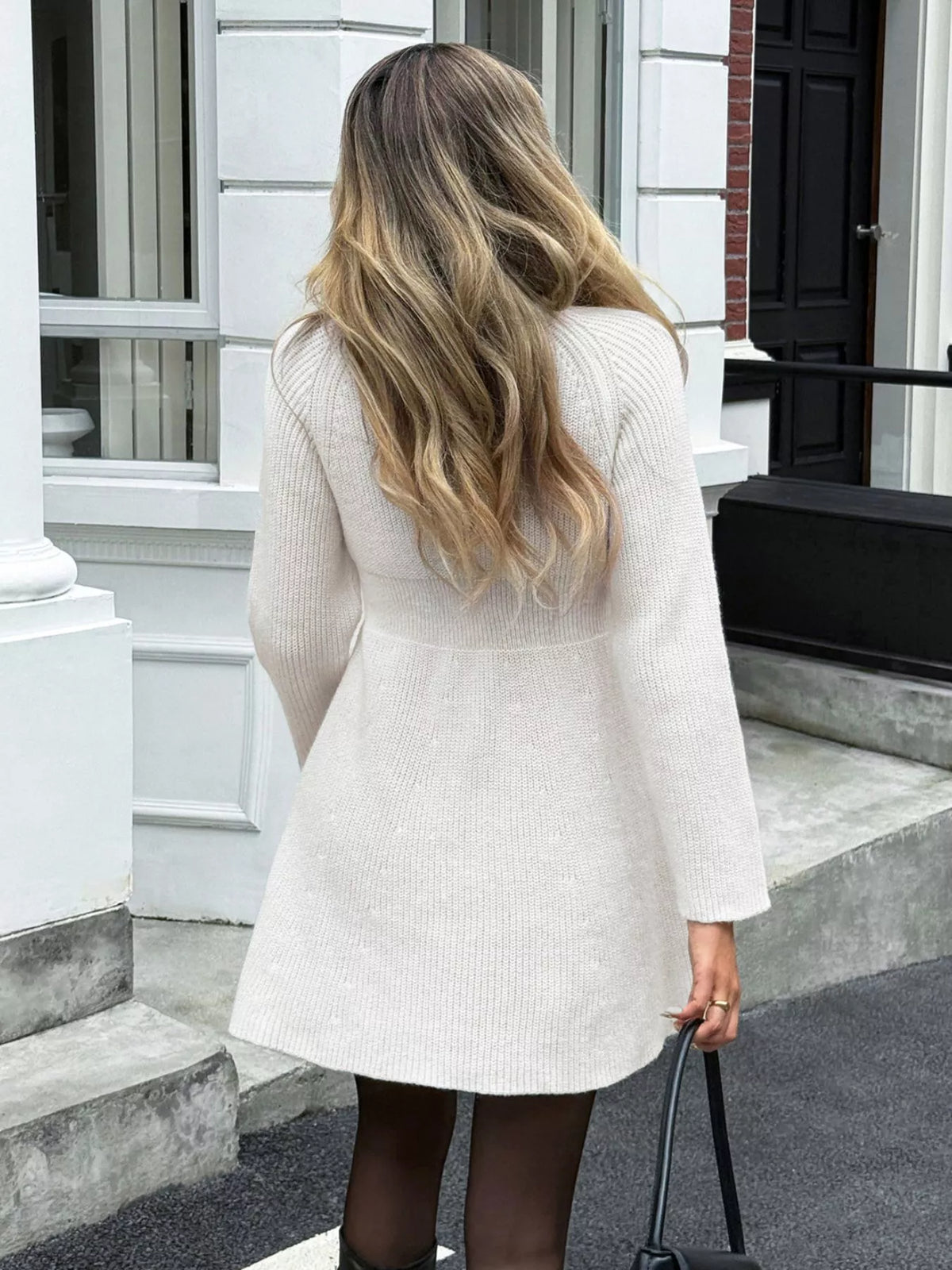 Buttoned knit sweater dress styled outfit