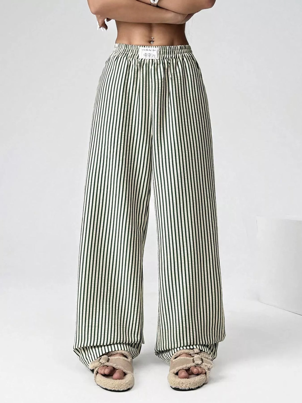 Striped high waist wide leg pants, fabric texture detail