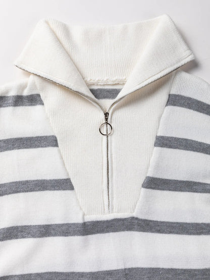Striped O-ring Zip Collared Loose Sweater Mini Dress - Fashorio