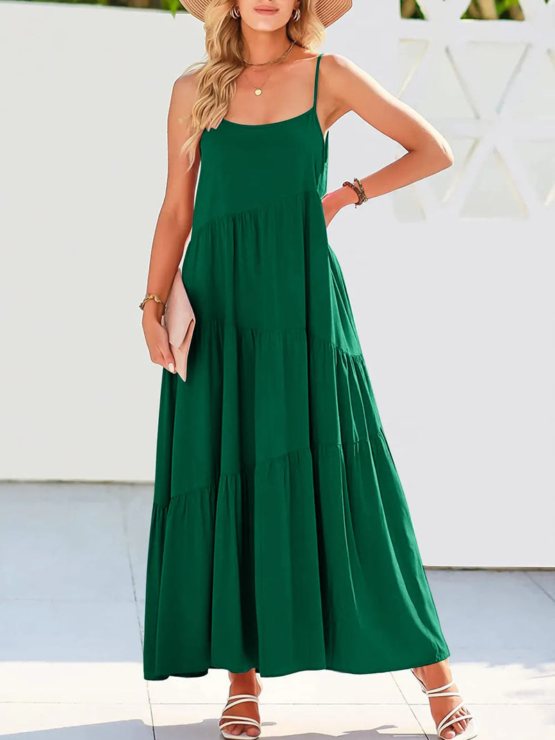 Ruched tiered spaghetti strap maxi dress front view
