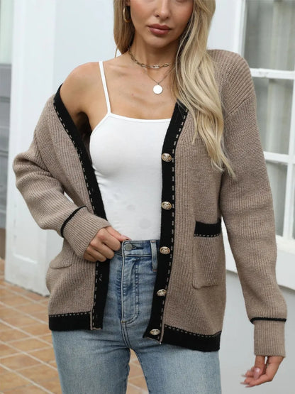 Contrast Trim Button Up Long Sleeve Cardigan - Fashorio