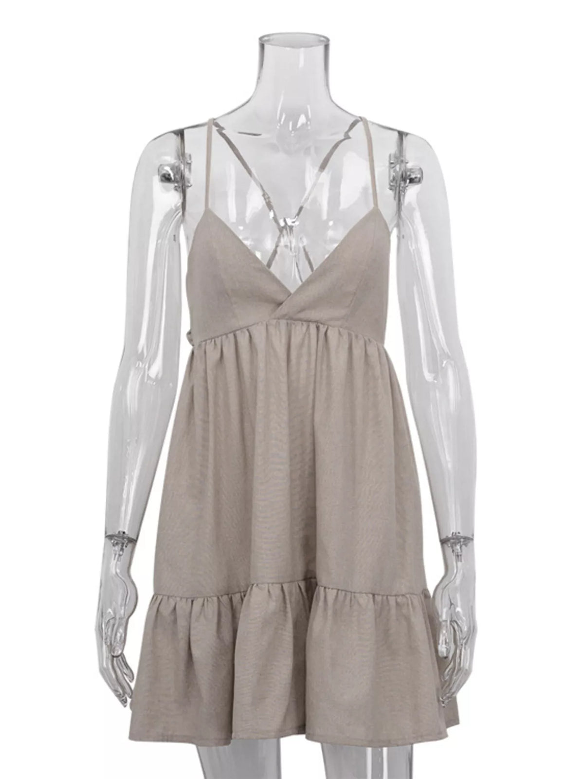 Full length view of the khaki backless summer dress