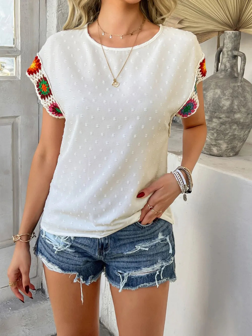 Swiss dot crochet short sleeve top front view