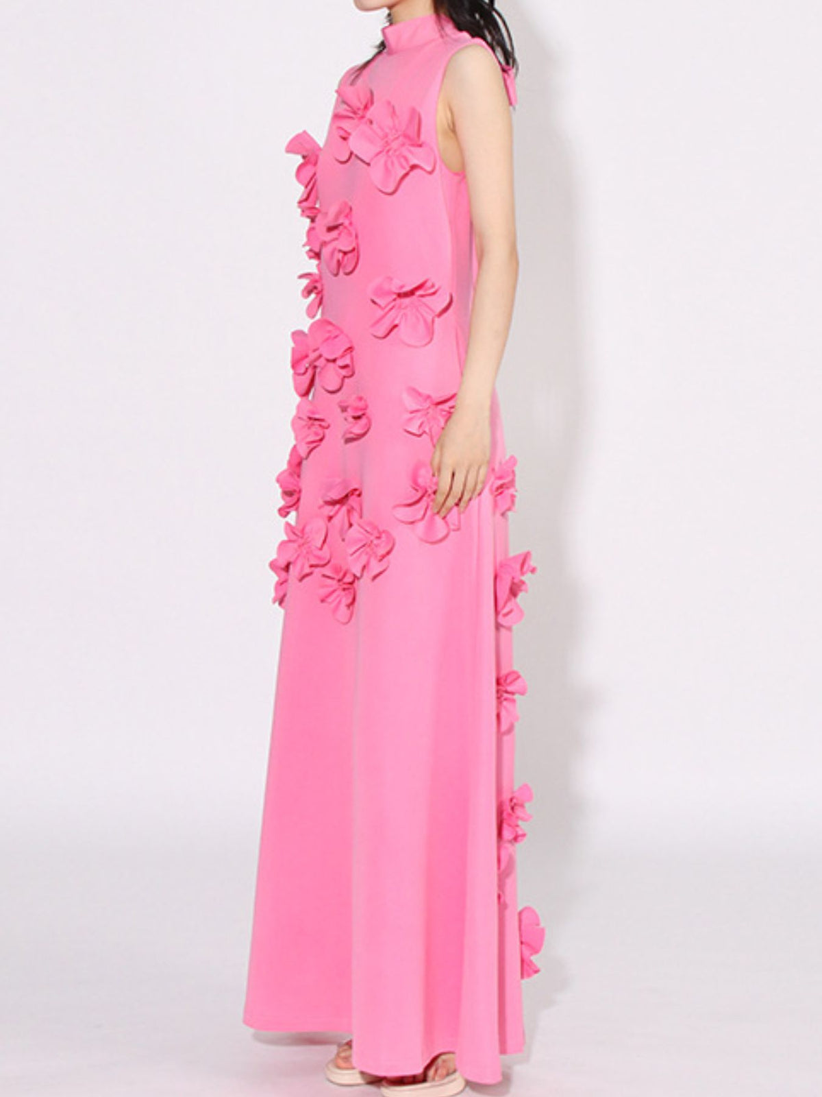 Sleeveless floral applique maxi dress in pink, back view