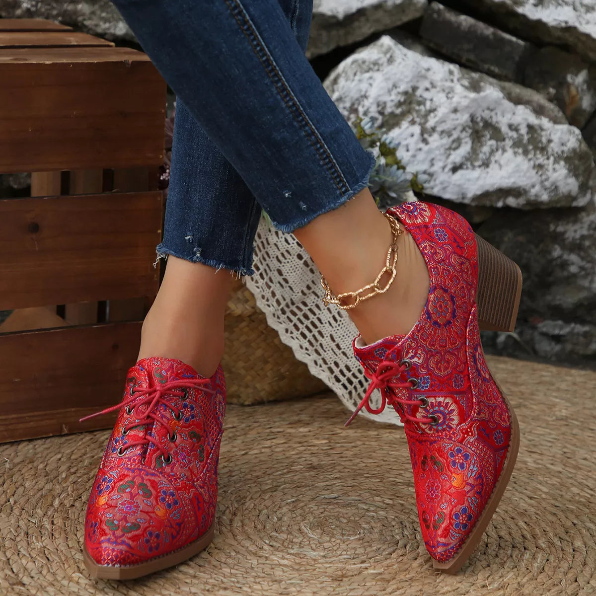 Point toe ankle boots lace and strap detail