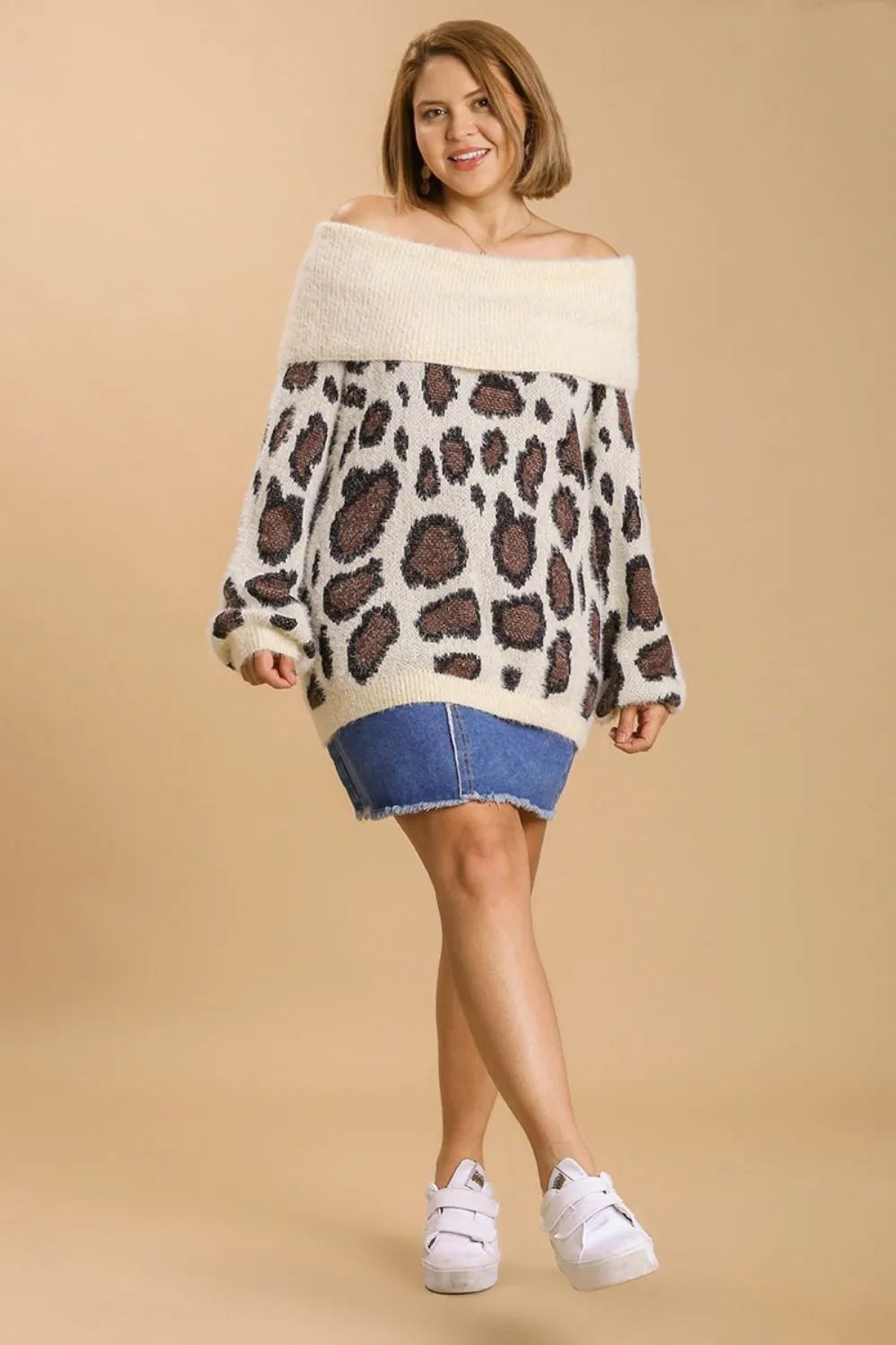 Leopard Off Shoulder Long Sleeve Sweater Plus Size in Cream close up