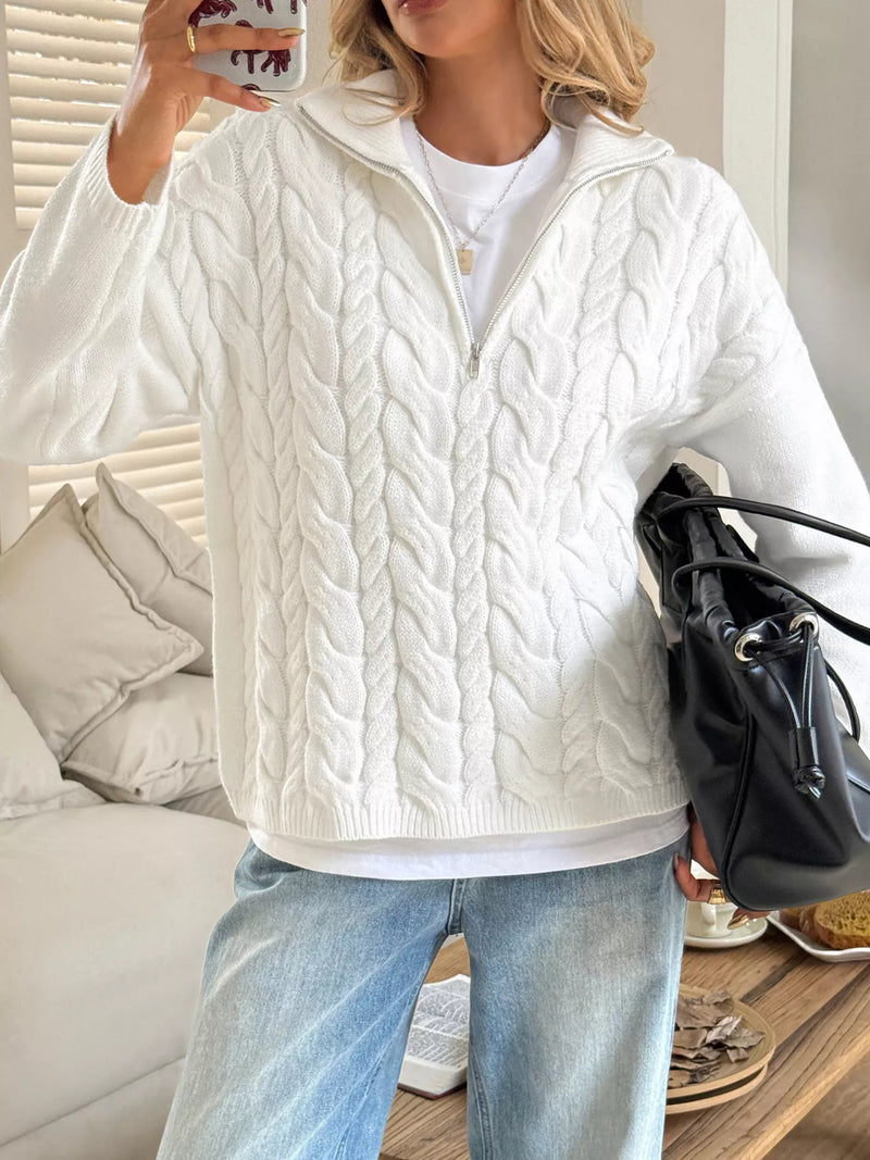 Zip collar cable knit sweater front view