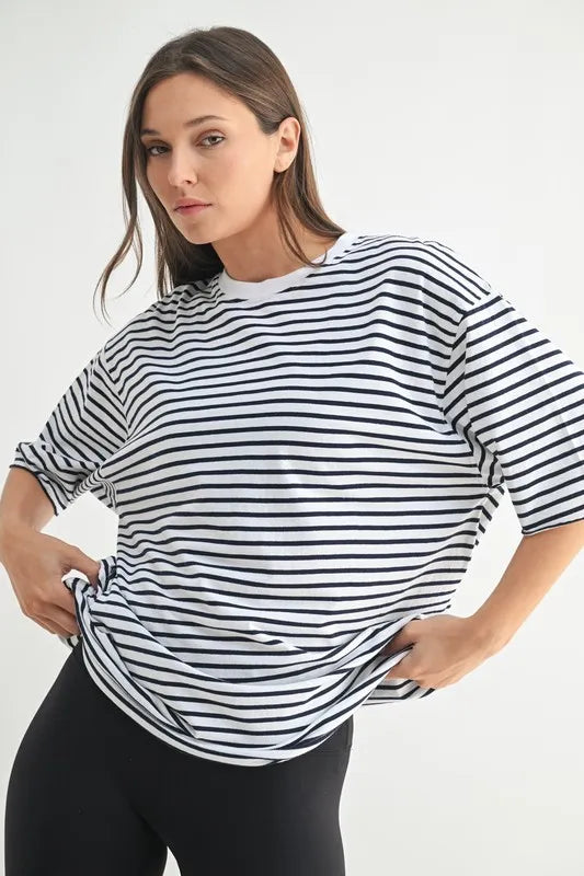 Coastal striped oversized crewneck top front view