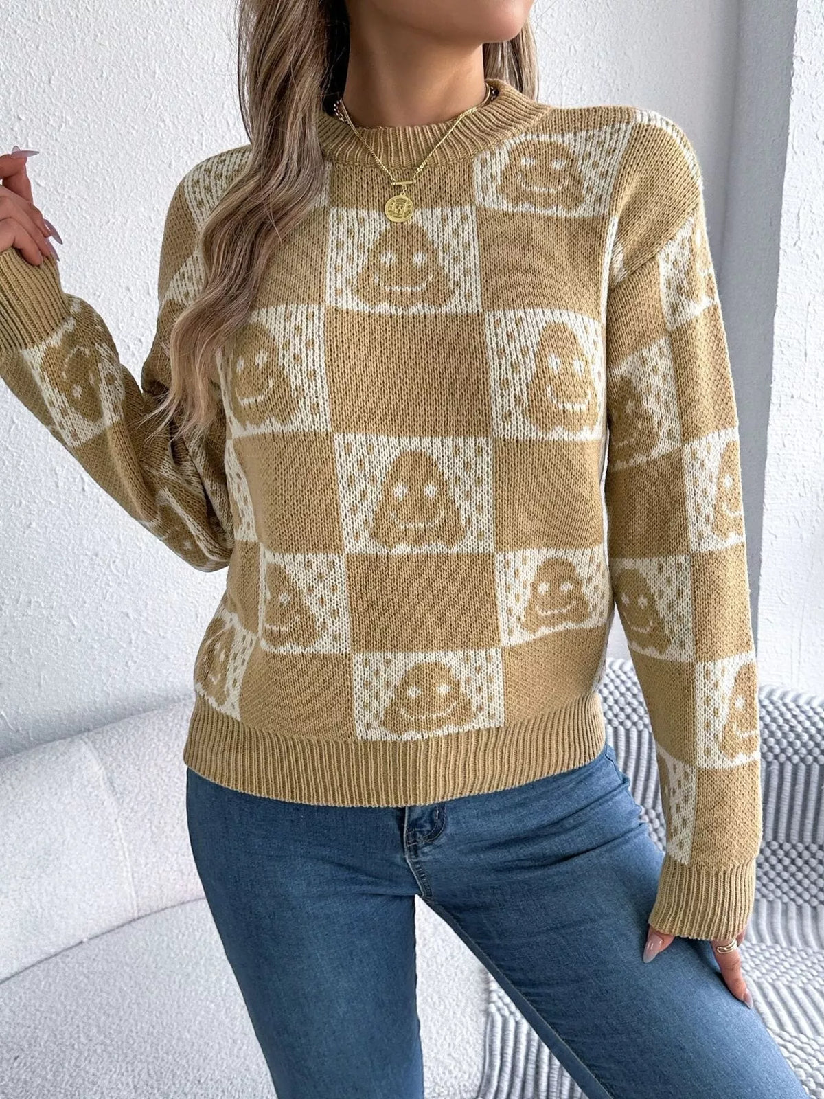 Halloween Ghost Check Round Neck Sweater view 9