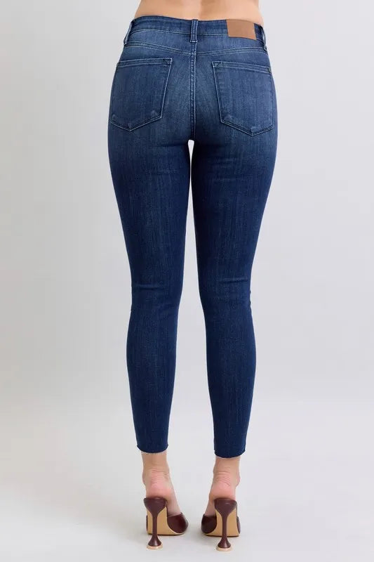 Judy Blue Plus Size Mid Rise Skinny Jeans – Raw Hem Denim - Fashorio