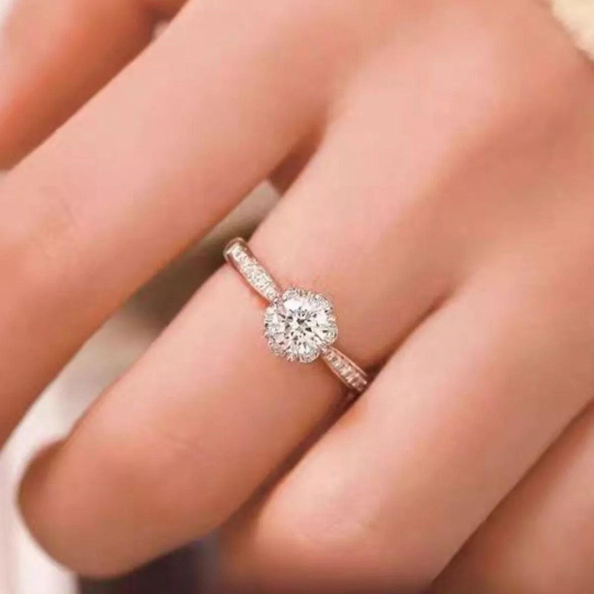 Close detail of the moissanite stone and setting