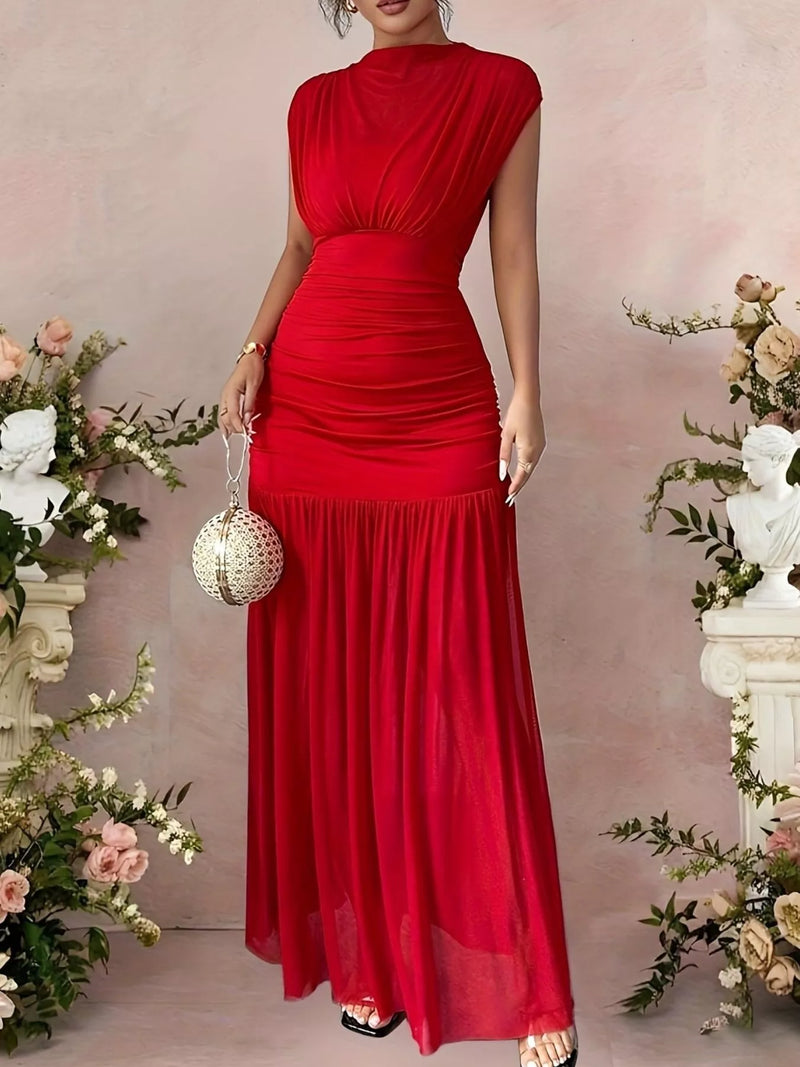 Red ruched cap sleeve maxi dress front view