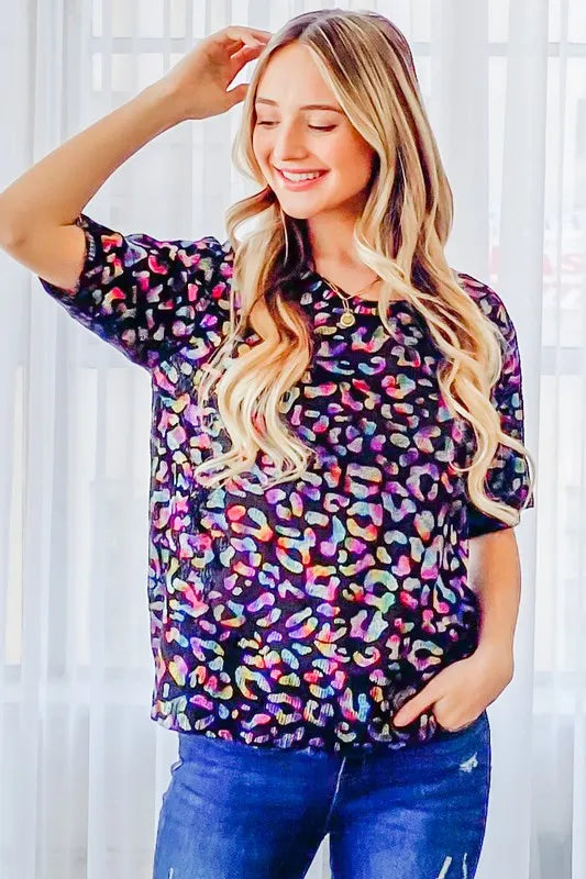 Leopard Foil Print Half Sleeve Sweater Top close up