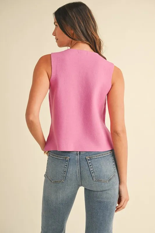 Metal Button Cropped Sweater Vest in Bubblegum Pink side view