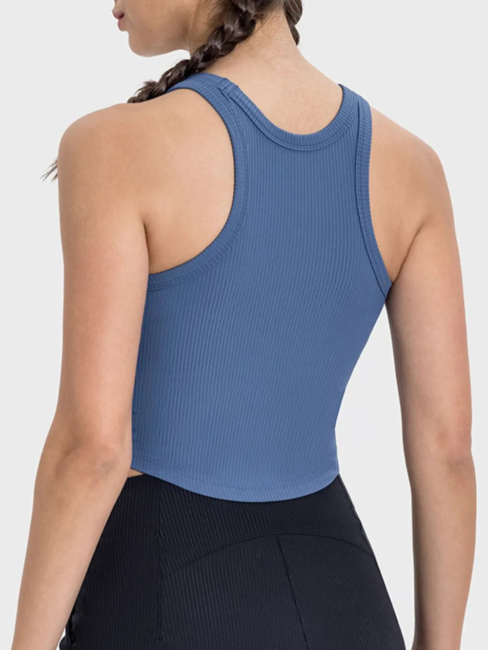 Round neck racerback active tank back view