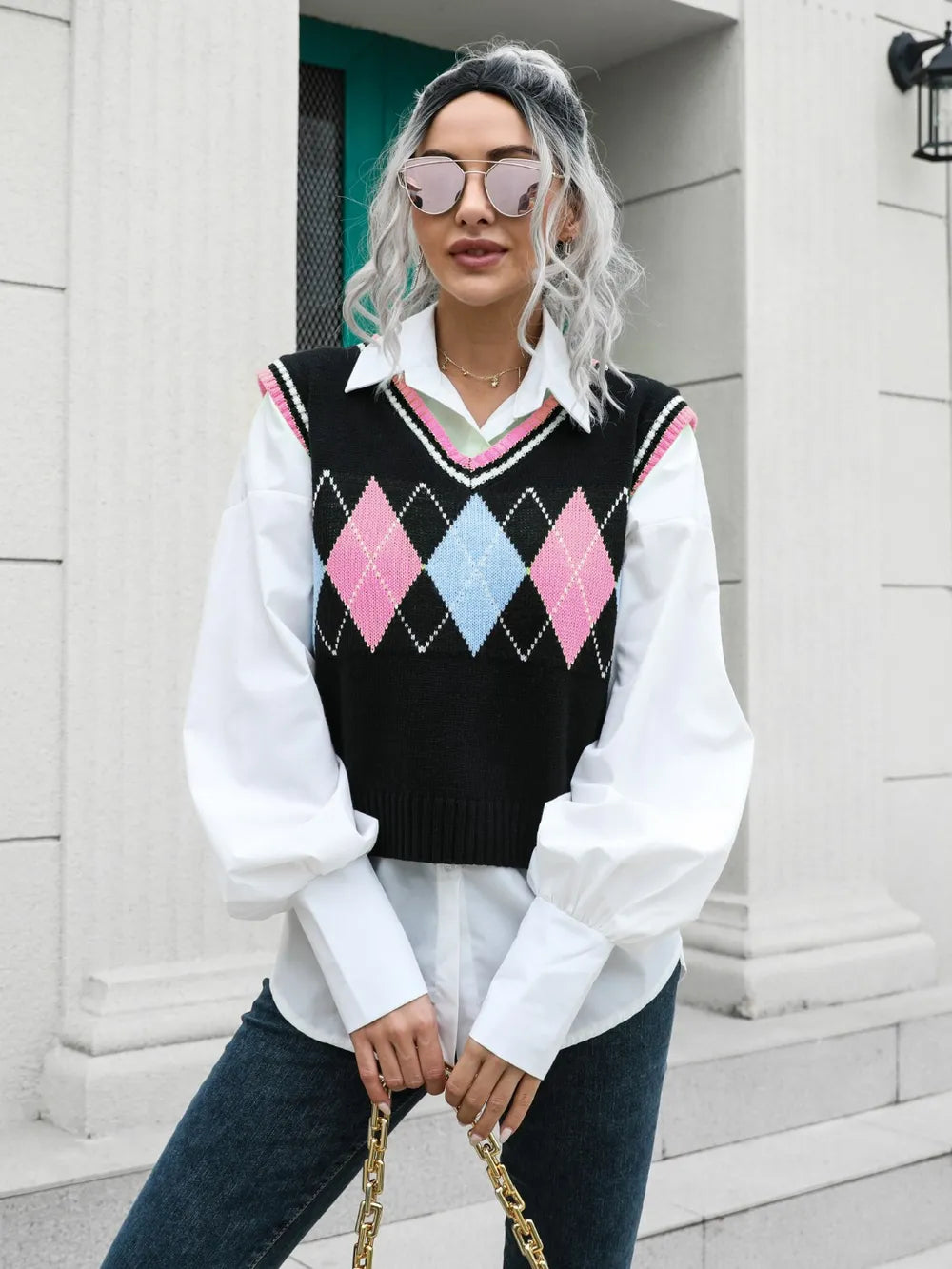 Geometric V-Neck Sweater Vest Pink - Fashorio