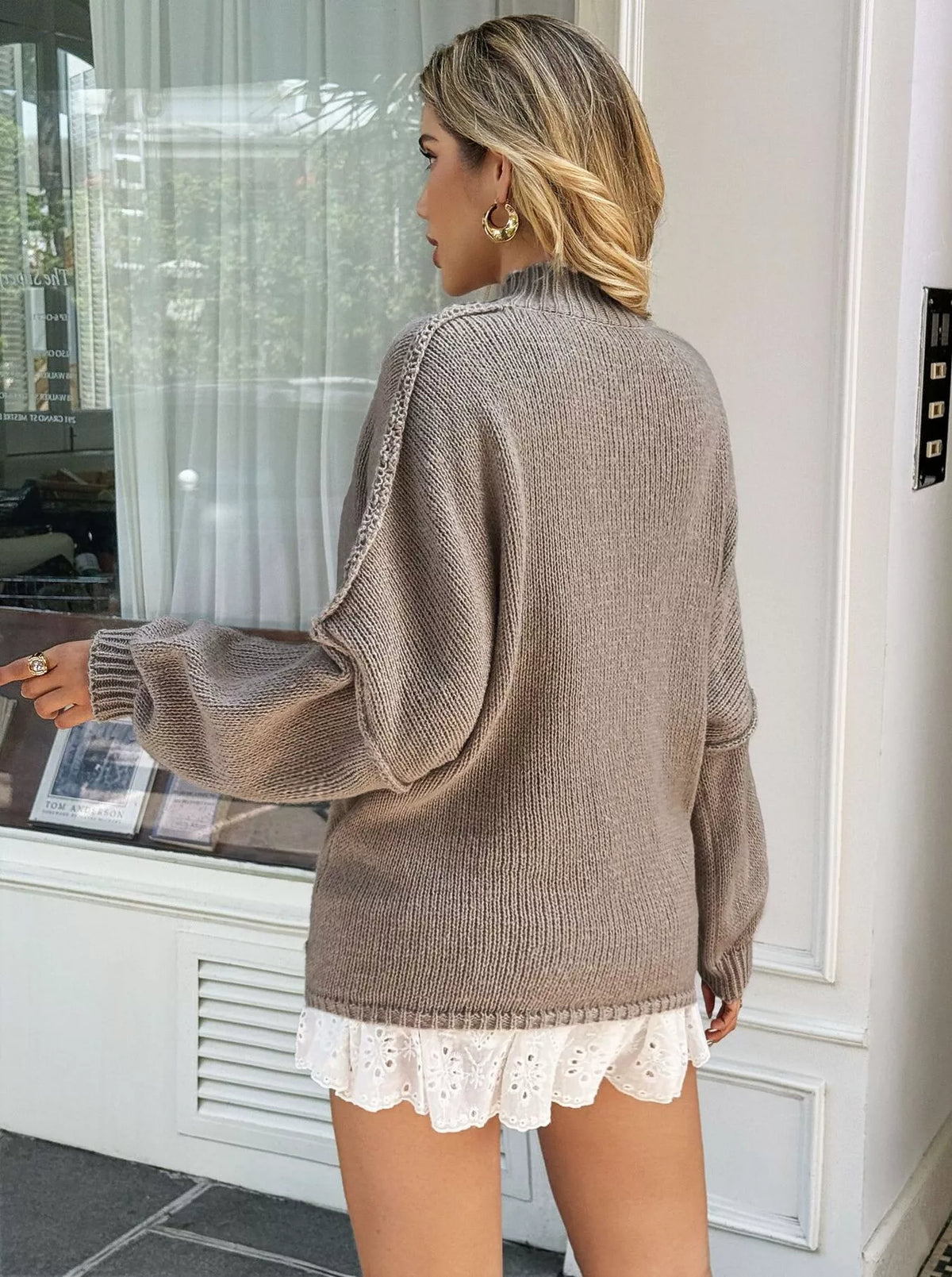mock neck drop shoulder sweater neckline detail