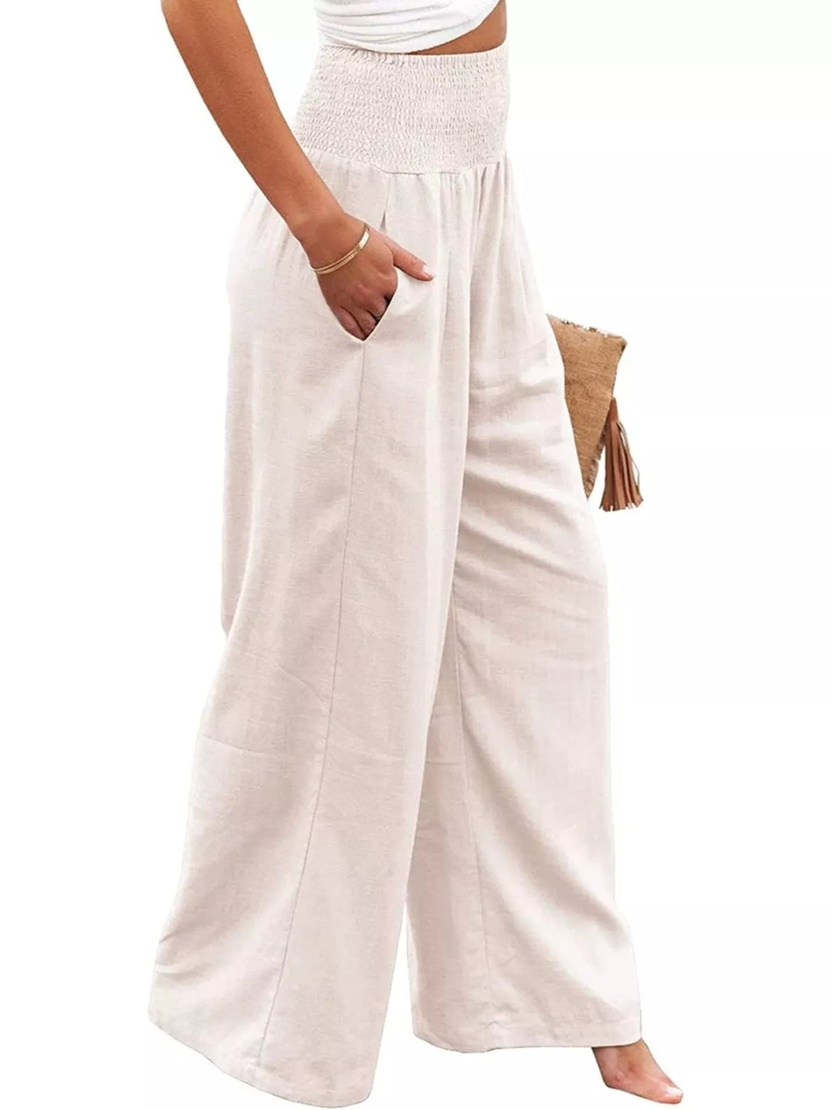 Smocked high waisted wide leg pants side view