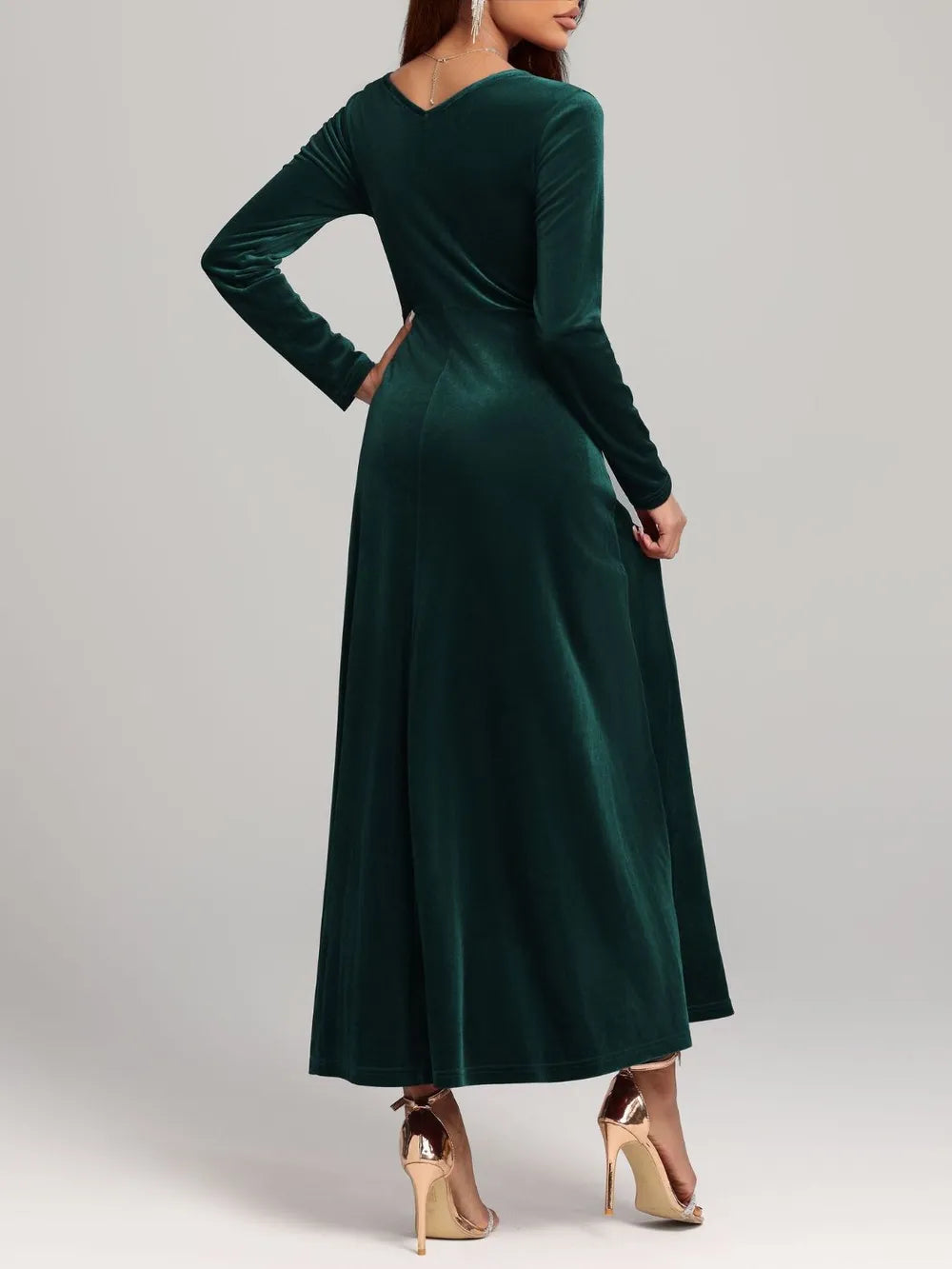 Fabric sheen detail on the velvet dress