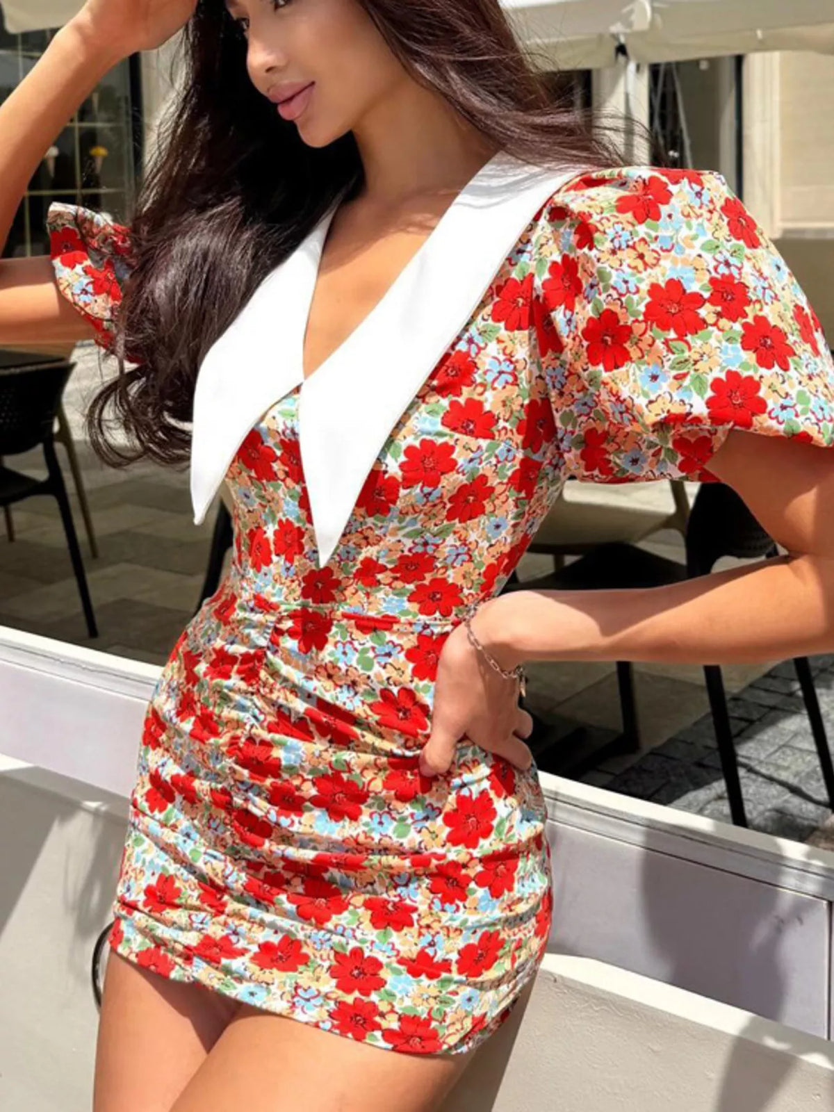 Floral mini dress full length styling view