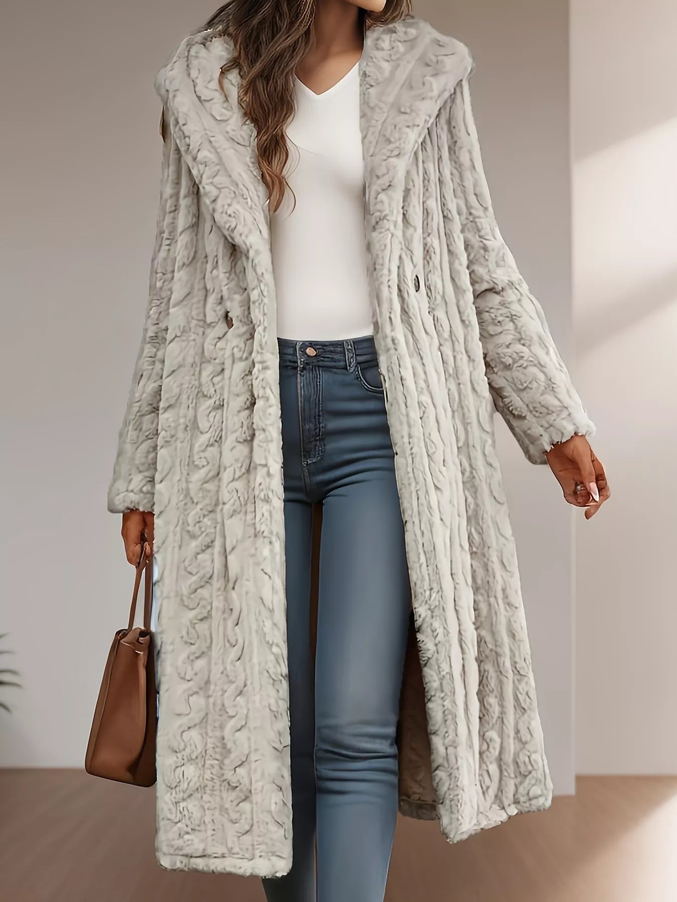Sherpa Longline Hooded Coat Apricot - Fashorio