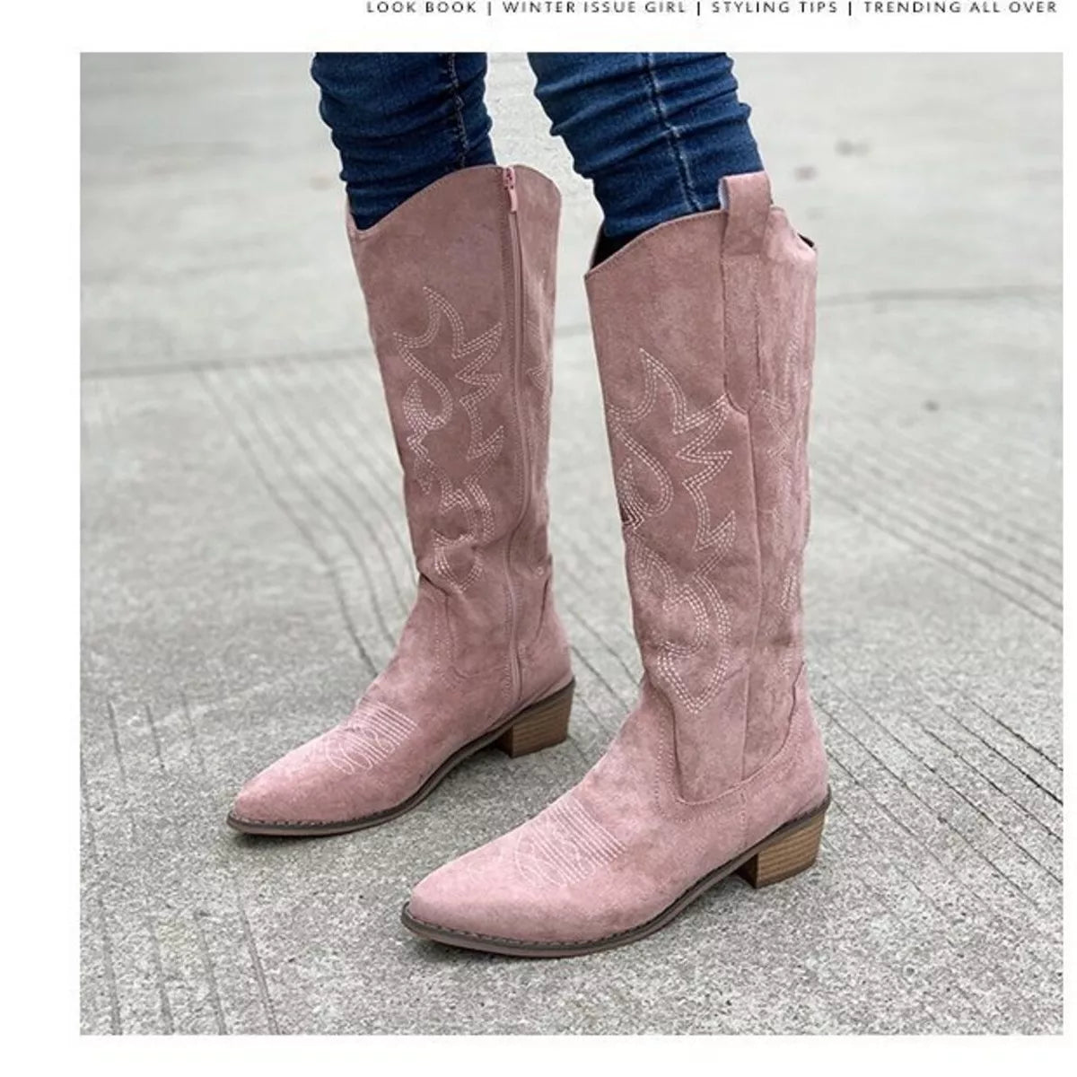 Point toe block heel suede boots front view