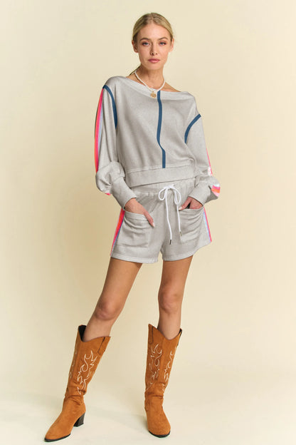 Davi & Dani Sequin Stripe Long Sleeve Top And Short Pants Set GREY - Fashorio