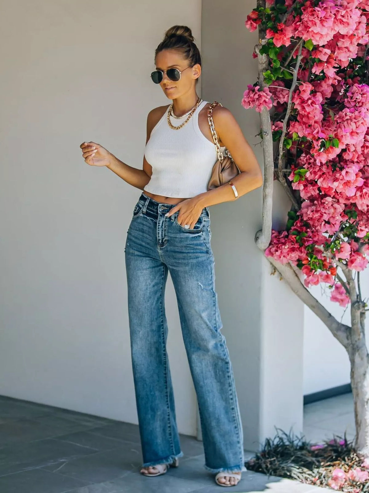 Frayed Hem High Waisted Wide Leg Jeans, view 7