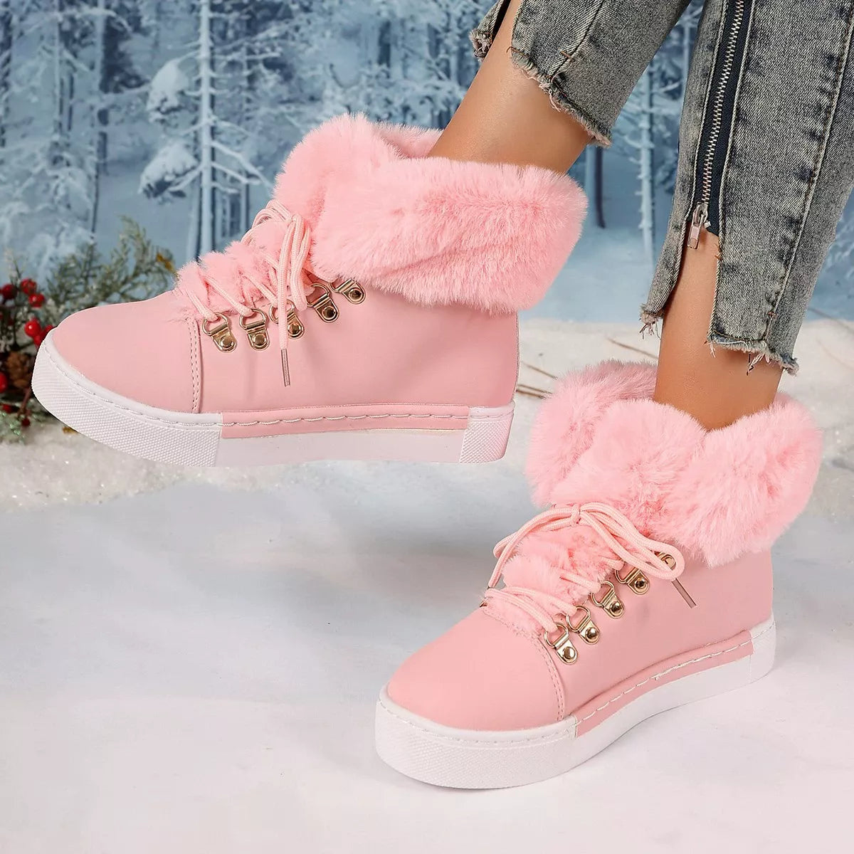 Fuzzy Trim Lace Up Ankle Boots in light gray