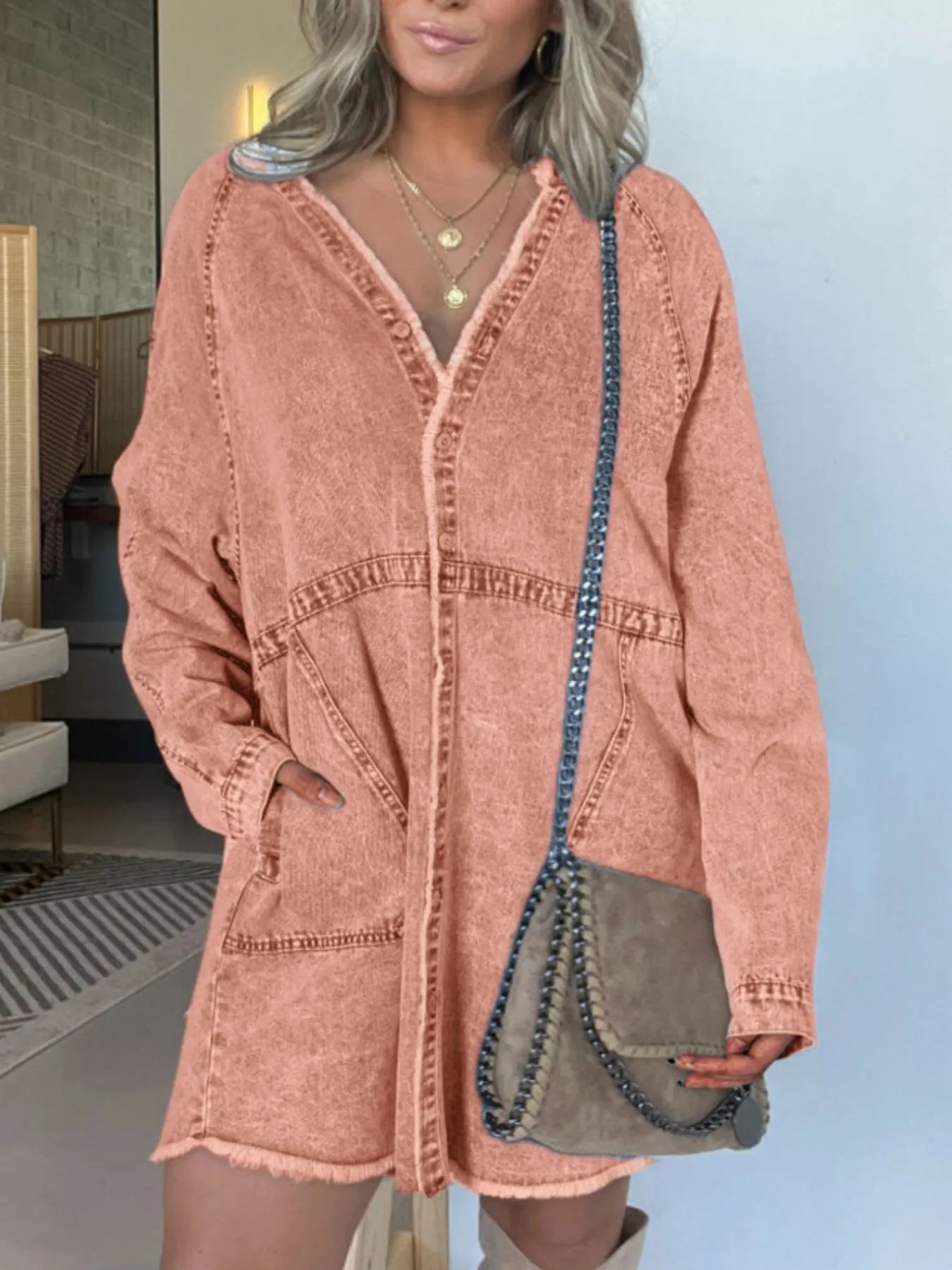 Full Size Button-Front Long Sleeve Denim Shirt Dress Plus Size Coral - Fashorio