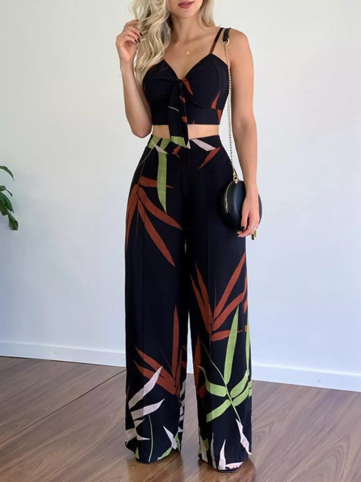 Tropical print crop top and wide leg pants set front