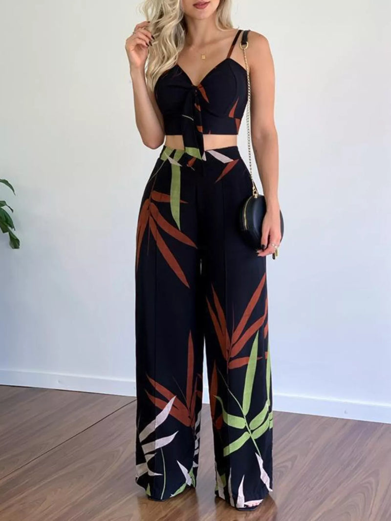 Tropical print crop top and wide leg pants set front