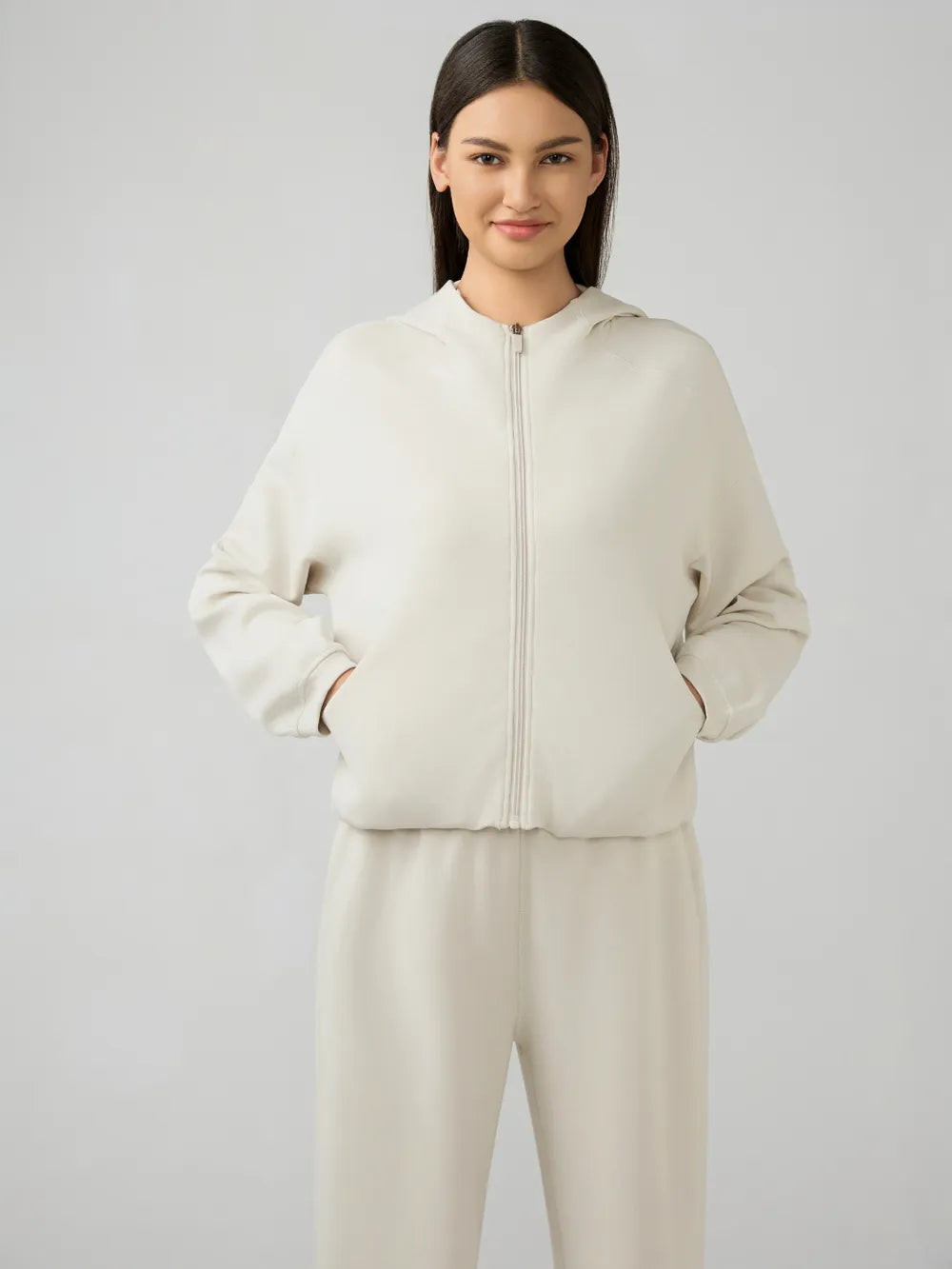 Millennia Zip Up Dropped Shouder Active Hooded Cream - Fashorio