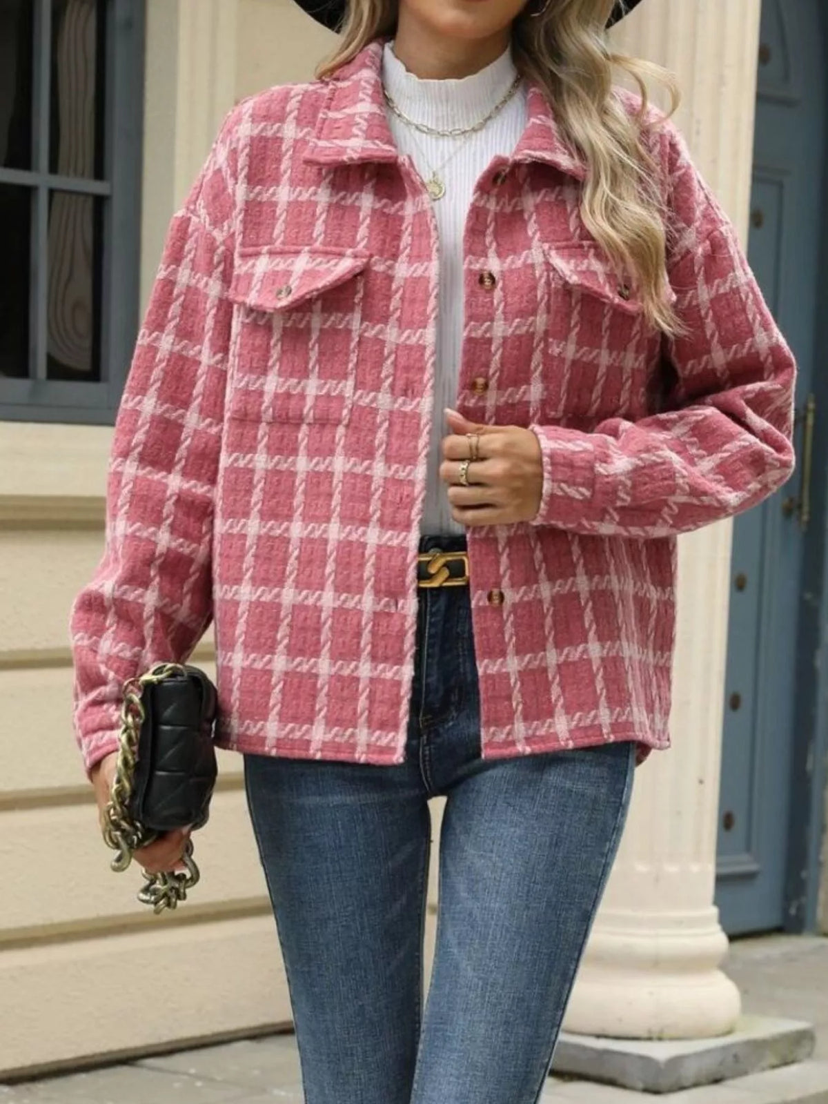 Plaid Button Up Jacket in White and Red view 11